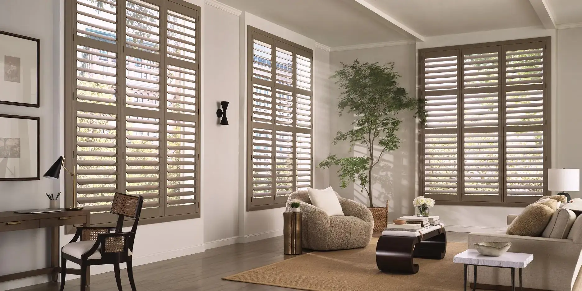 Custom plantation shutters – Rancho Santa Fe living room
