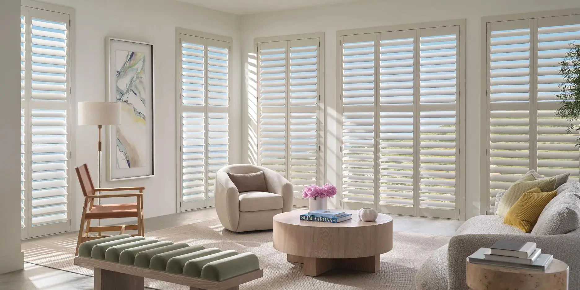 Custom plantation shutters – La Jolla coastal great room